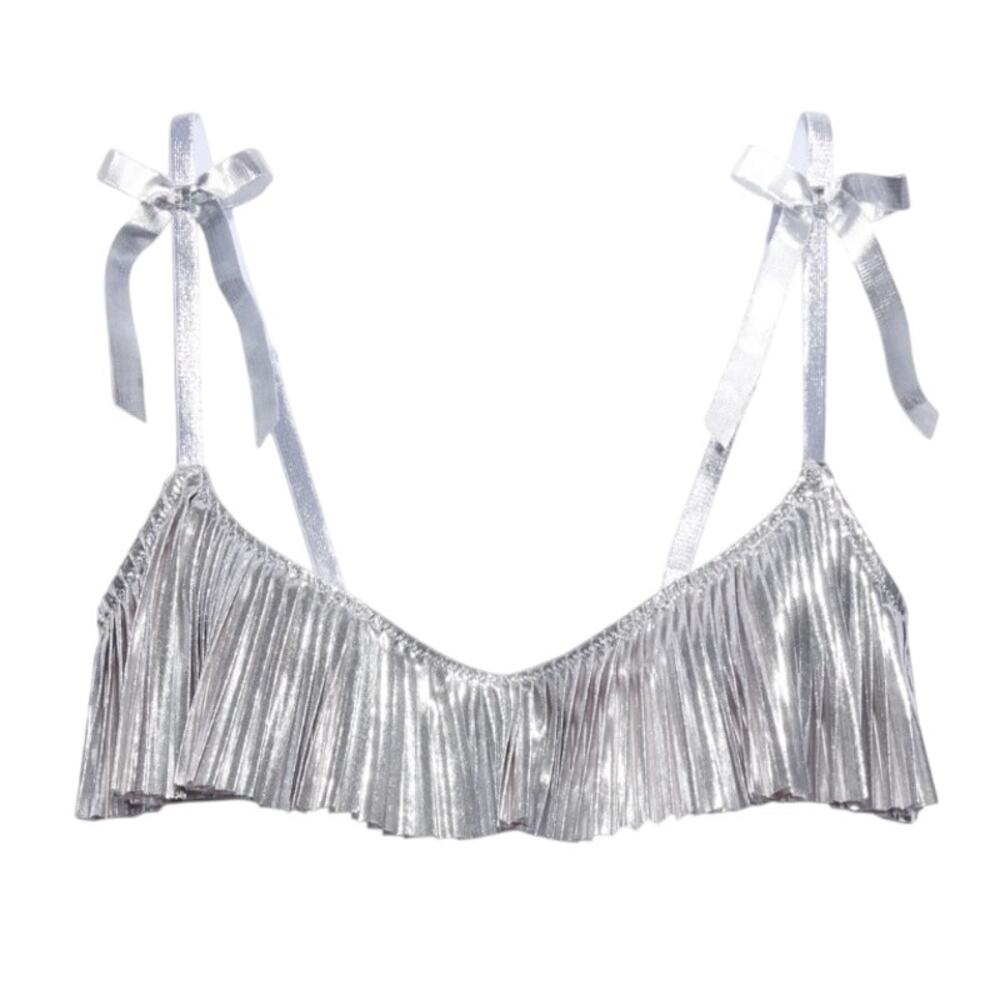 Savage X Fenty Pleated Lame Unlined Bra in Silver, Size 40DD